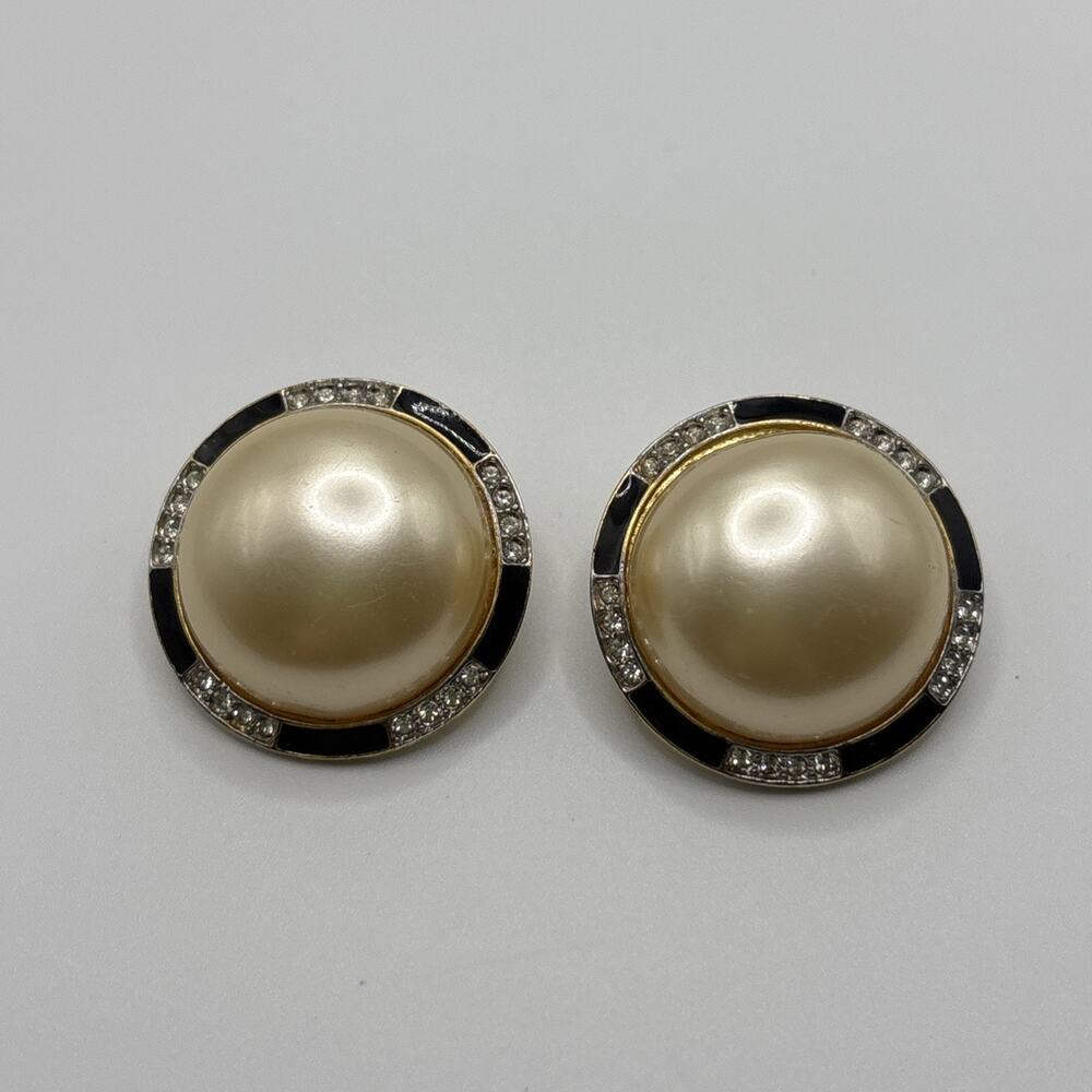 VTG Kenneth Lane L Faux Pearl Cabochon Rhinestone Black Enamel Clip On Earrings